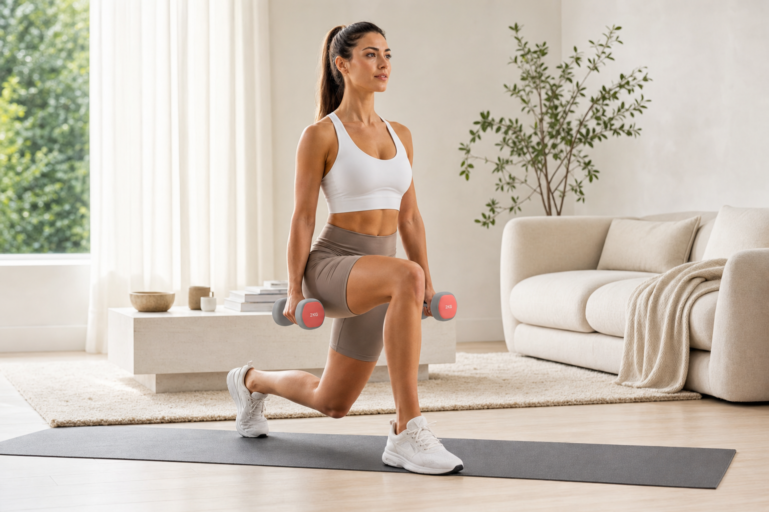 Mujer entrenando en casa con mancuernas FormaFit